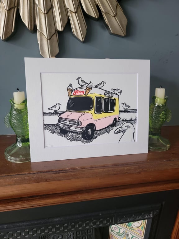 Fanny - handmade original linocut ice cream van bird art print