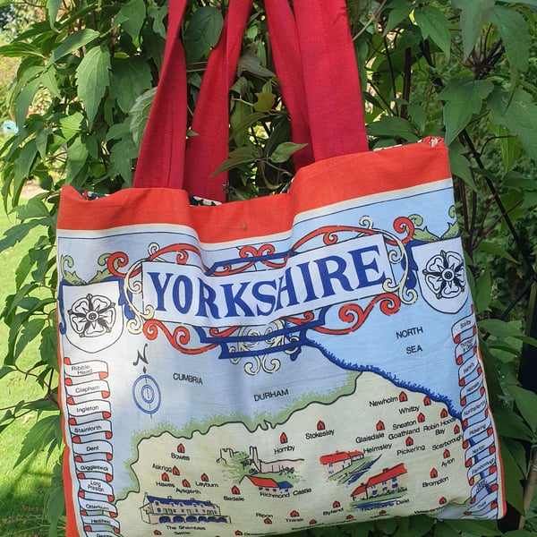 Handcrafted vintage tea towel Yorkshire tote bag 