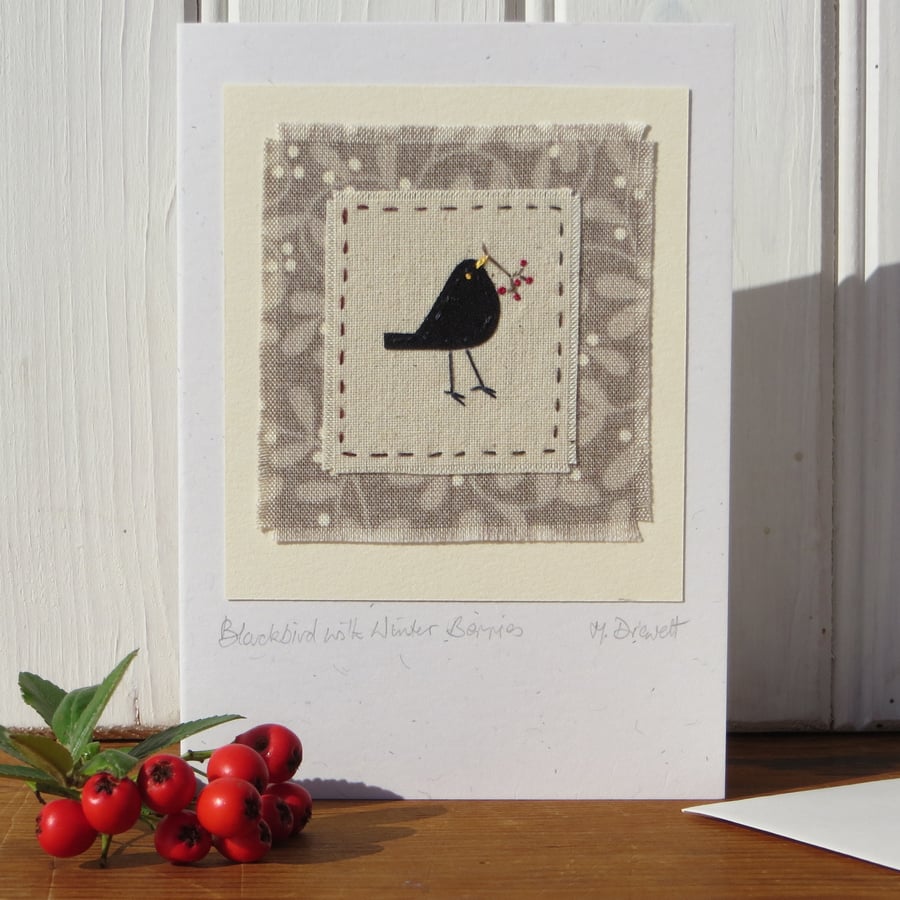 Blackbird with Winter Berries hand-stitched miniature on card for Christmas