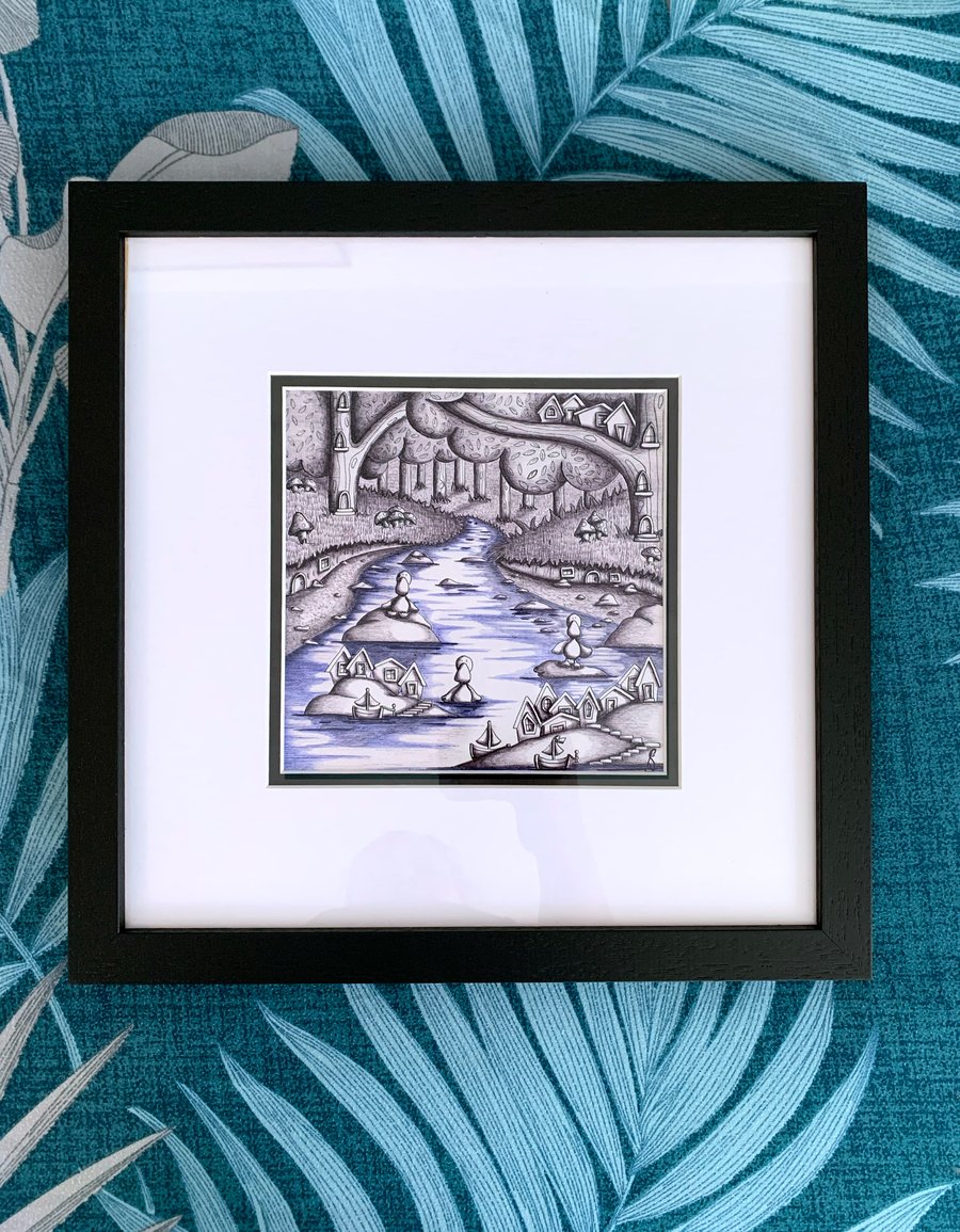 Cute Ducks Playing in a Stream Original artwork