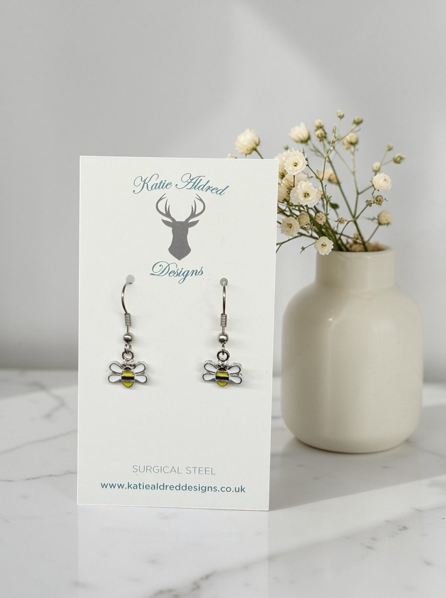 Charm Earrings - Silver Enamel Bee
