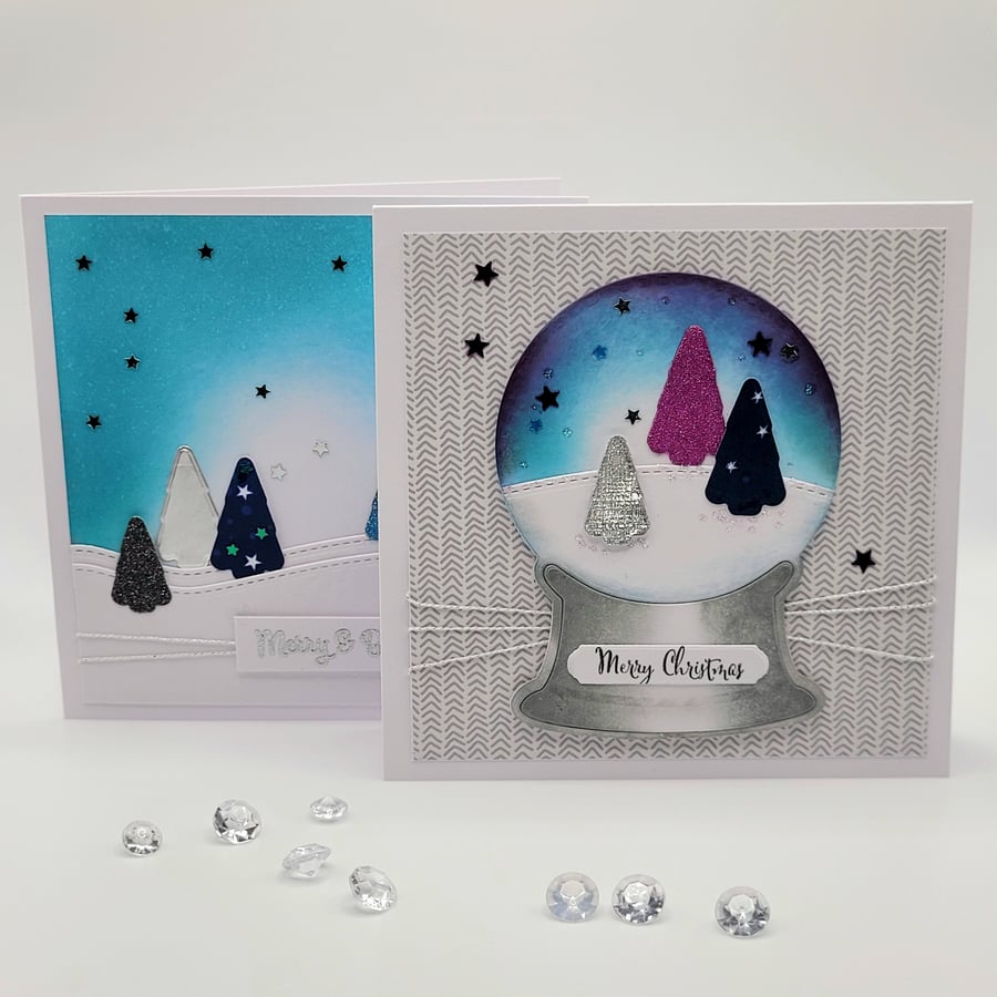 Snow Globe and Trees Christmas Card Set - Set of 2 - Trees, Stars, Hills