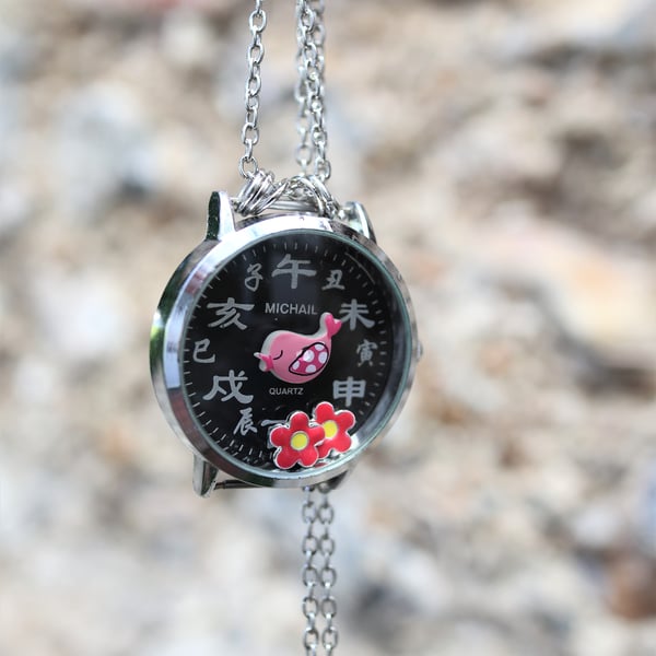 Upcycled Chinese words watch dial with movable flower beads and bird necklace