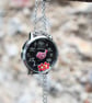 Upcycled Chinese words watch dial with movable flower beads and bird necklace