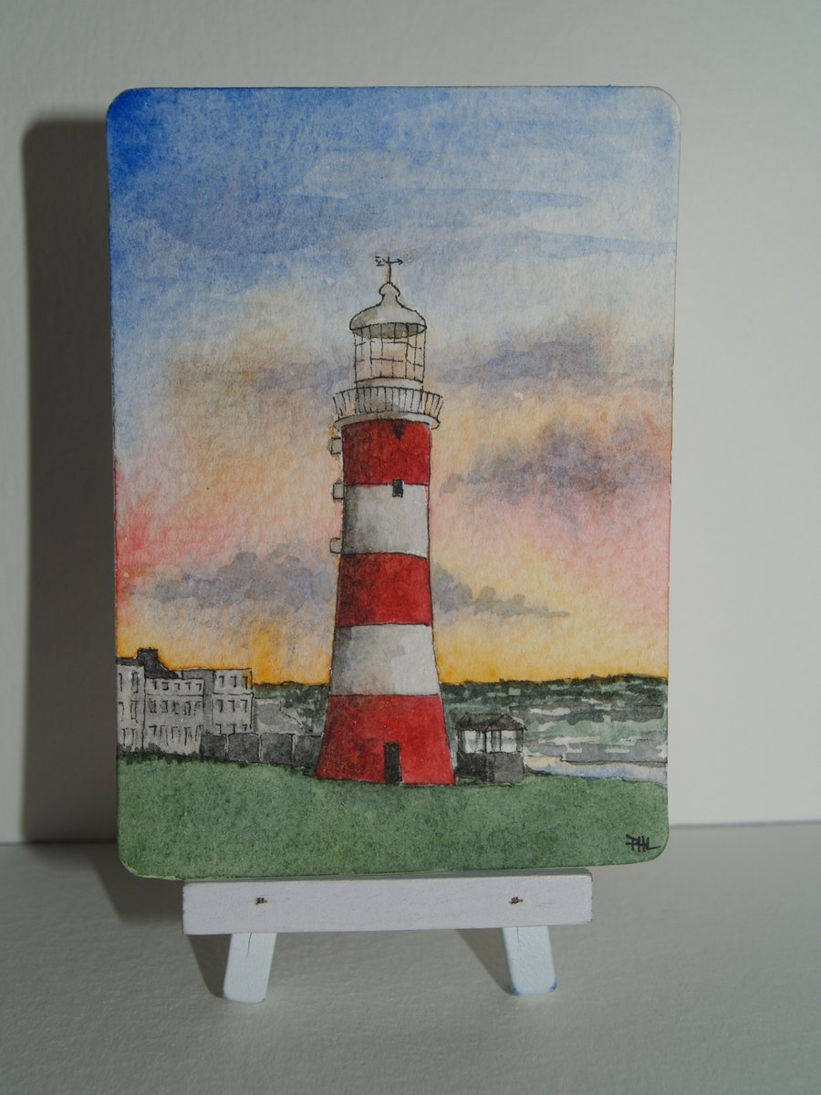 ACEO Original 'Smeaton's Tower at Sunset' Plymouth Hoe lighthouse