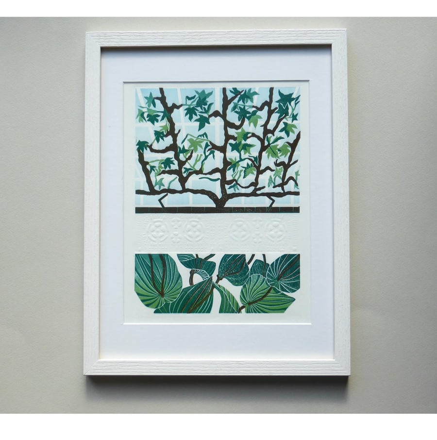 Original lino cut print GLASSHOUSE AT CLUMBER PARK II