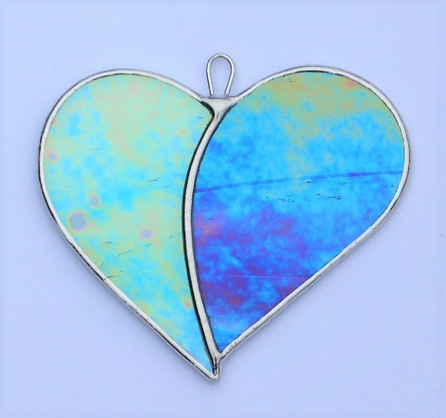 Stained Glass suncatcher Love Heart "When Two Hearts become One" in blues