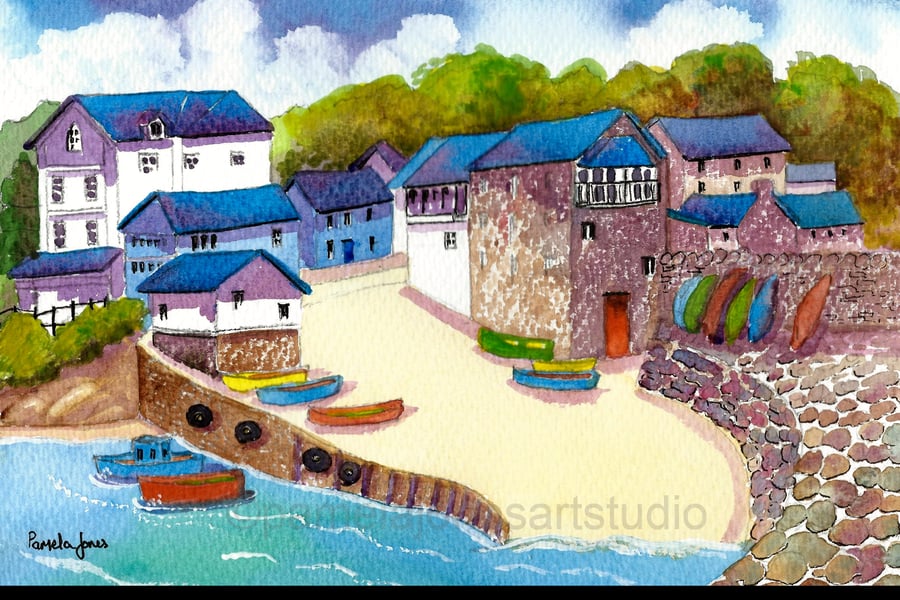Newquay Harbour, Cardigan Bay, Wales,Watercolour Print in 14 x 11'' Mount.