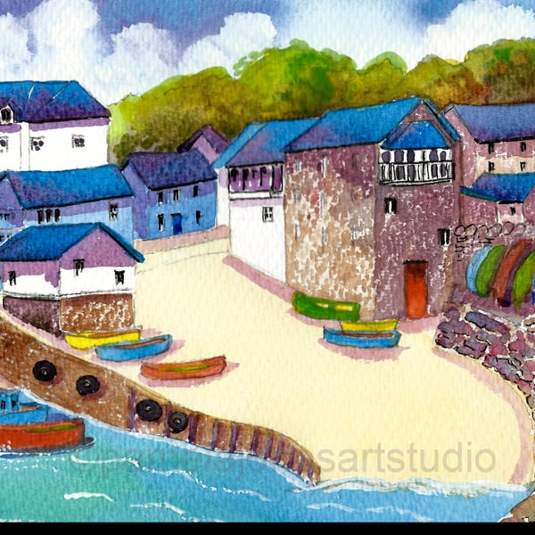 Newquay Harbour, Cardigan Bay, Wales,Watercolour Print in 14 x 11'' Mount.