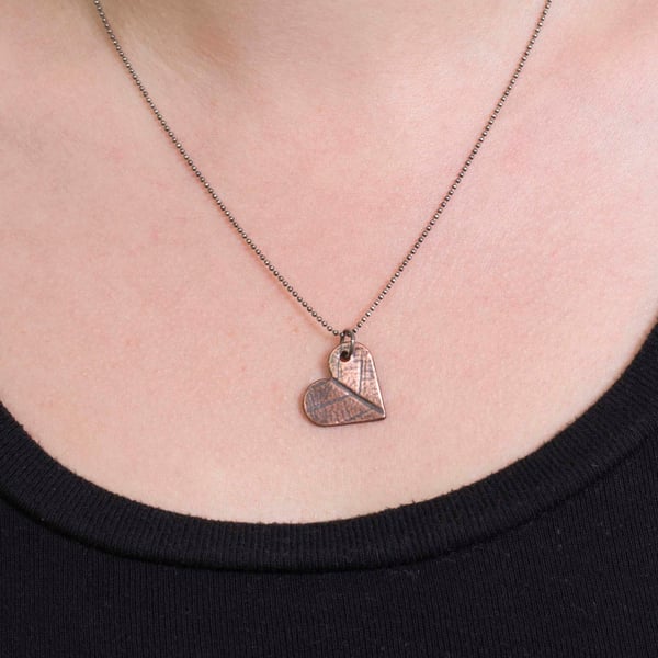 Rustic Copper Heart Pendant With Leaf Pattern, copper anniversary gift for her