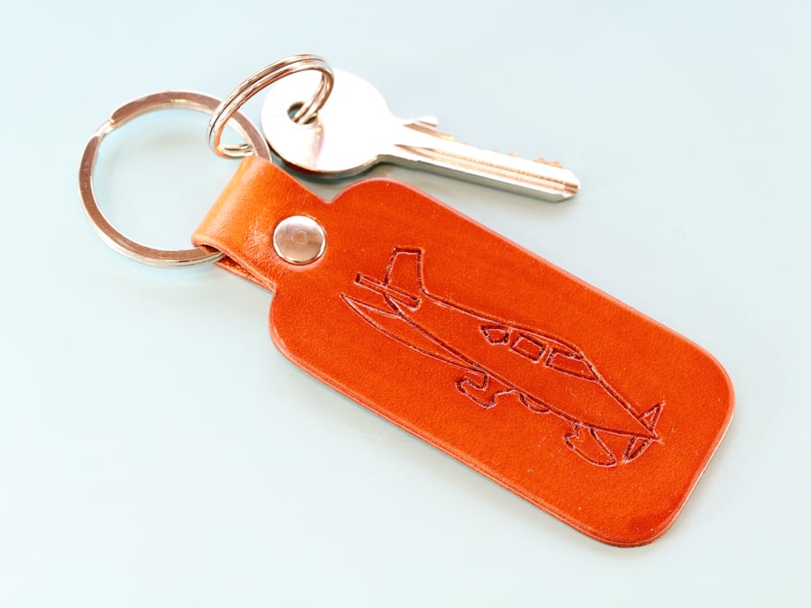 Hand-Carved Cirrus Plane Leather Keyring, Unique Leather Key Fob Gift For Pilot