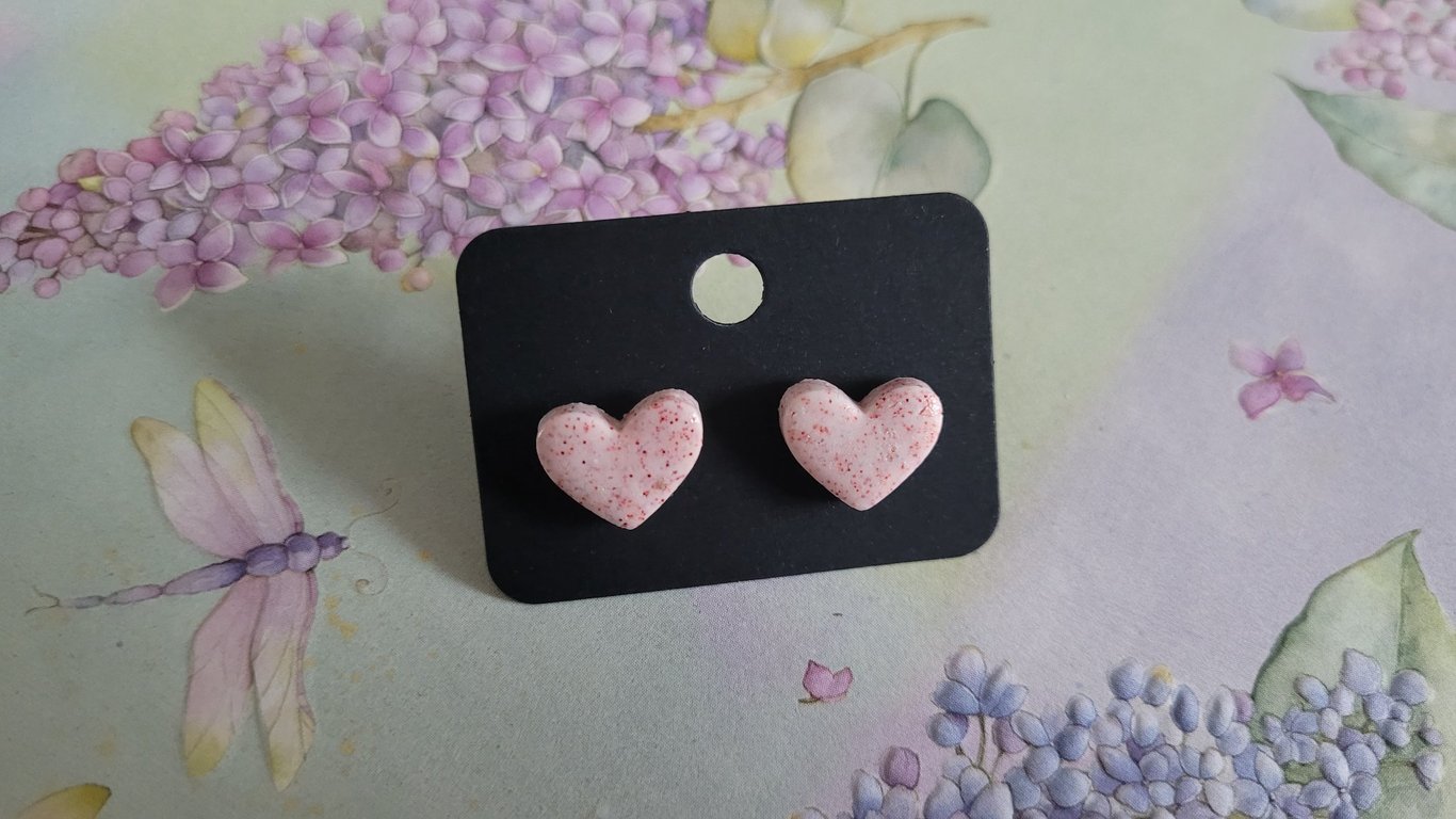 Handmade Polymer Clay Pink Glitter Heart Stud Earrings, 316 Stainless Steel