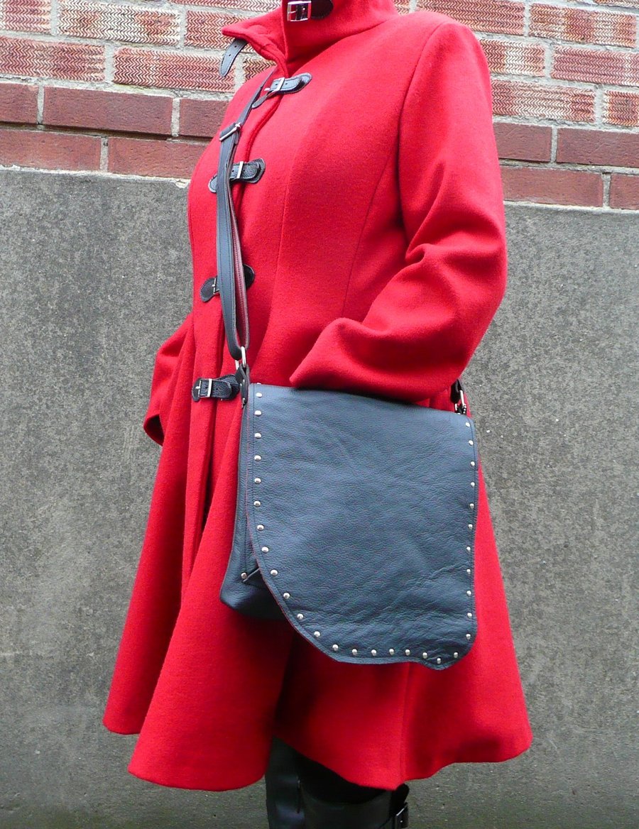 Leather crossbody bag, black and red leather biker bag, shoulder bag, handbag,
