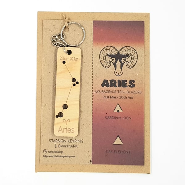 Aries Zodiac Star Sign Constellation Wooden Keyring & Bookmark Gift