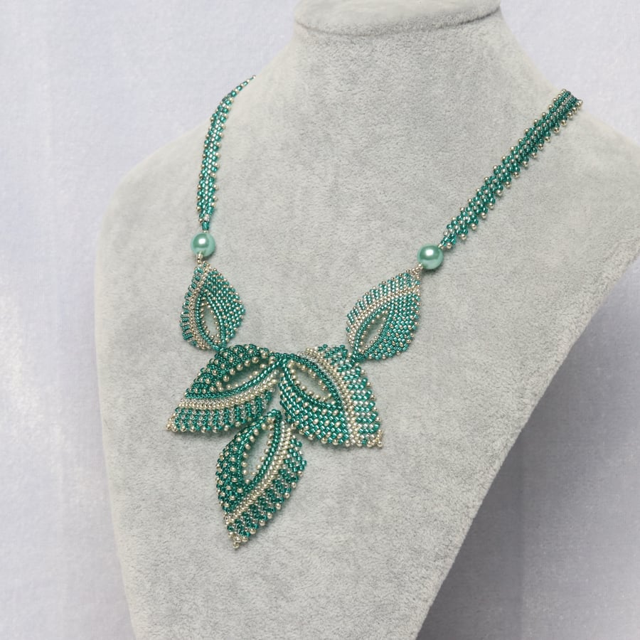 Beaded Leaf Necklace in Green and Silver
