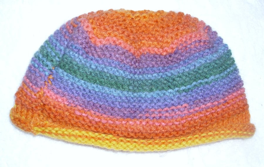 Hand knitted rainbow stripe hat for baby 3 to 6 months 