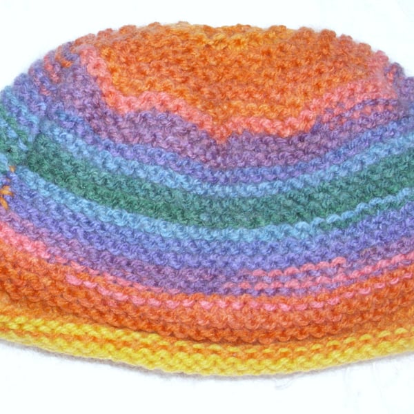 Hand knitted rainbow stripe hat for baby 3 to 6 months 