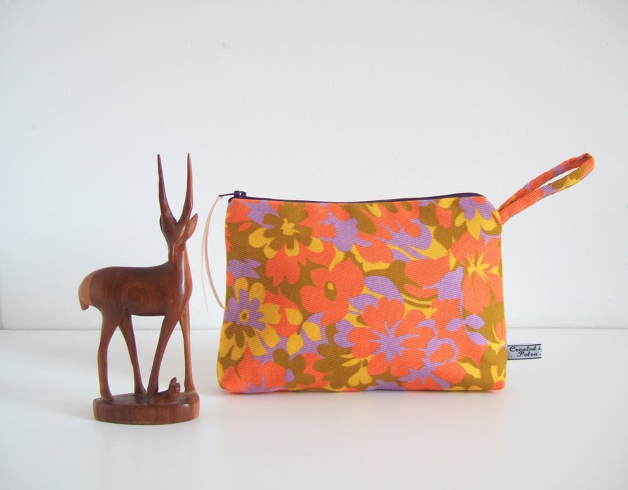 Day glow toiletries or make up bag made from a vintage fluorescent 1970s  print.