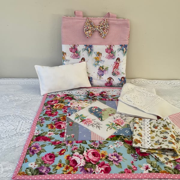Cute Fairy Print Bag with 6 Piece Dolls Bedding Set.