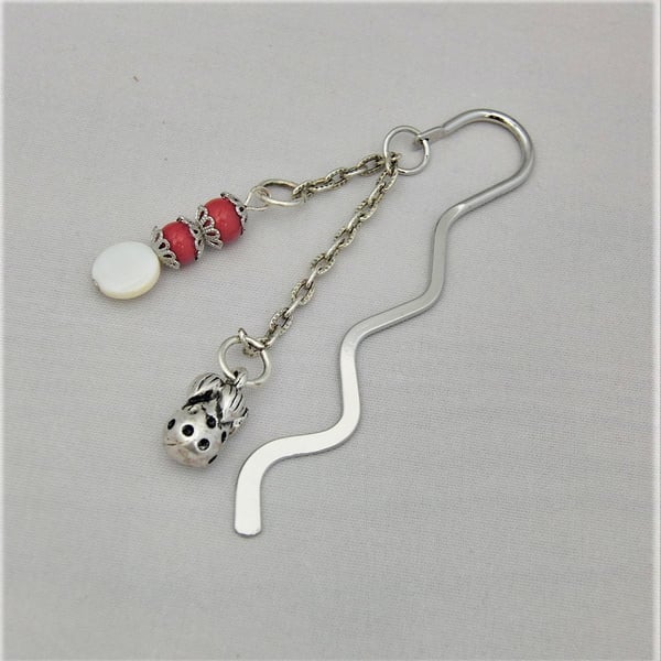 Silver Bookmark with Coral & Mother of Pearl Beaded Charm and Strawberry Charm