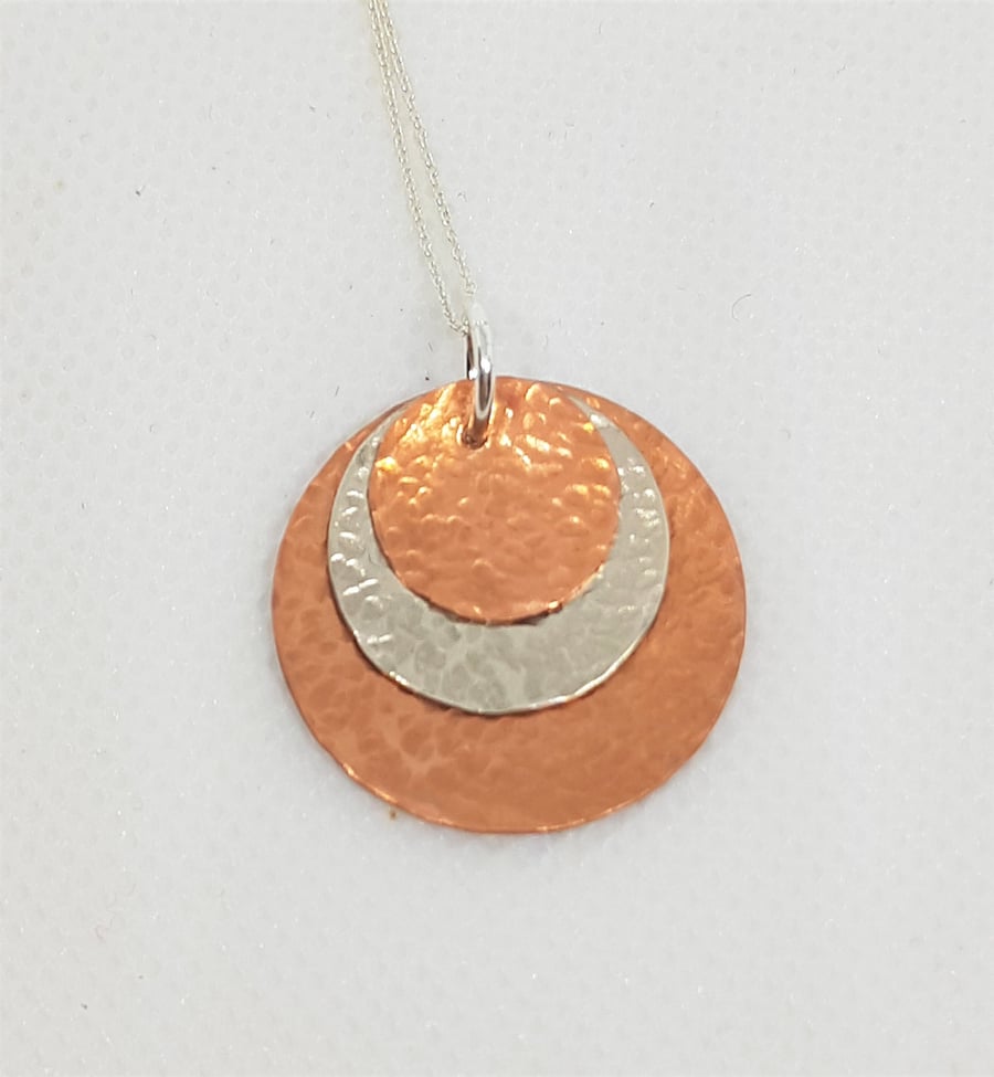 Sterling Silver and Copper Hammered Texture Discs Trio Pendant