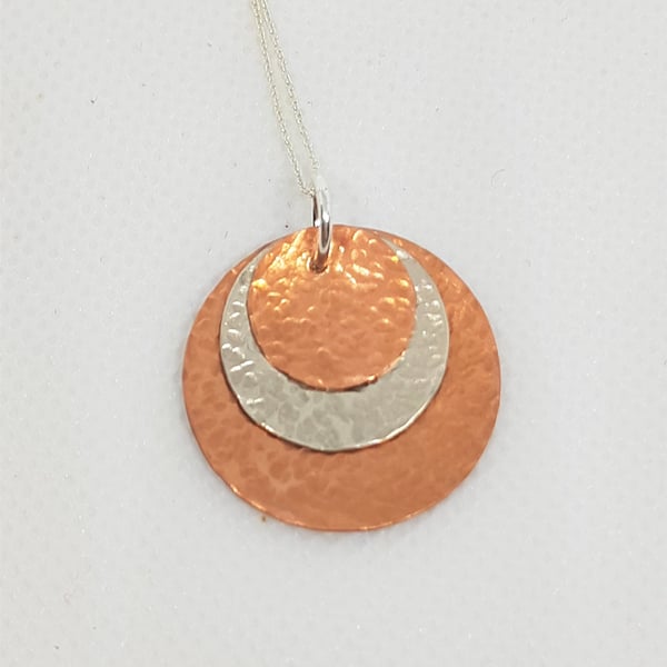 Sterling Silver and Copper Hammered Texture Discs Trio Pendant