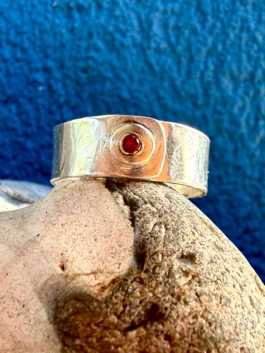 July Birthstone Ring - Hammered Silver & Ruby - Handmade in England