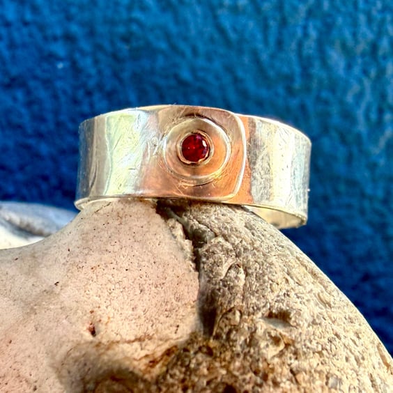 July Birthstone Ring - Hammered Silver & Ruby - Handmade in England