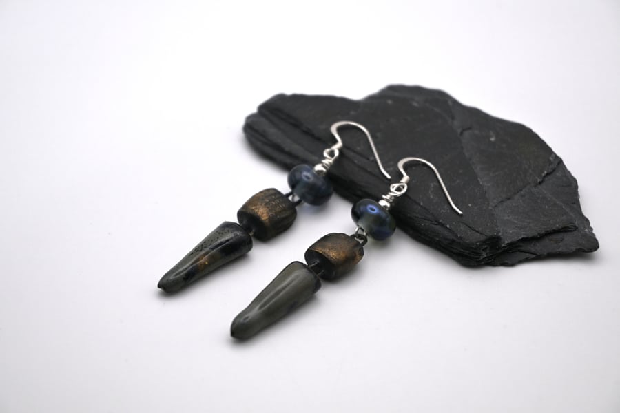 grey lampwork glass and ceramic earrings