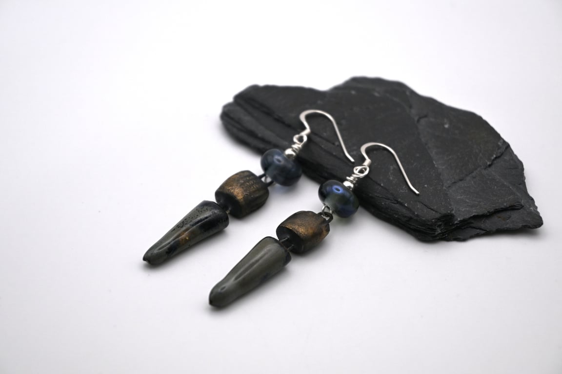 grey lampwork glass and ceramic earrings