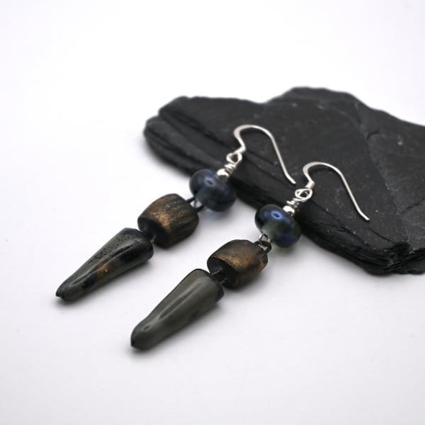 grey lampwork glass and ceramic earrings