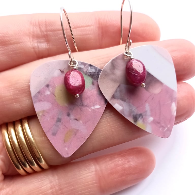 Upcycled Artisan Made Plectrum Earrings with Rubies - Italian Terrazzo
