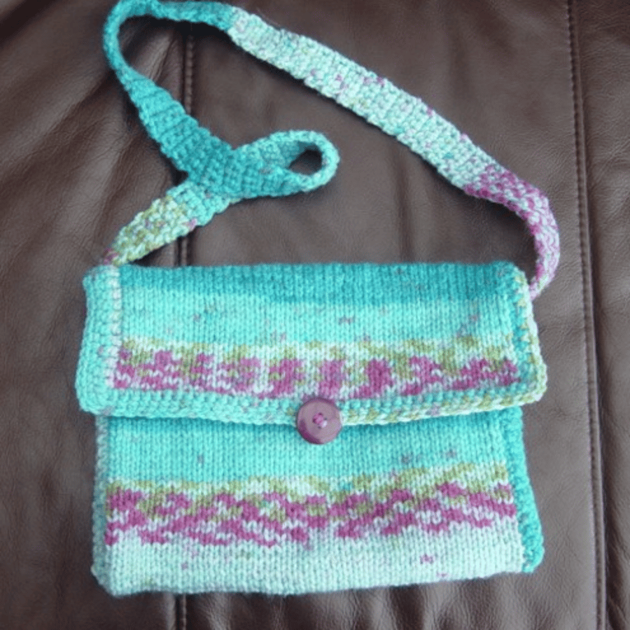 Aran Turquoise & Heather, Hand Knitted & Crocheted Handbag.