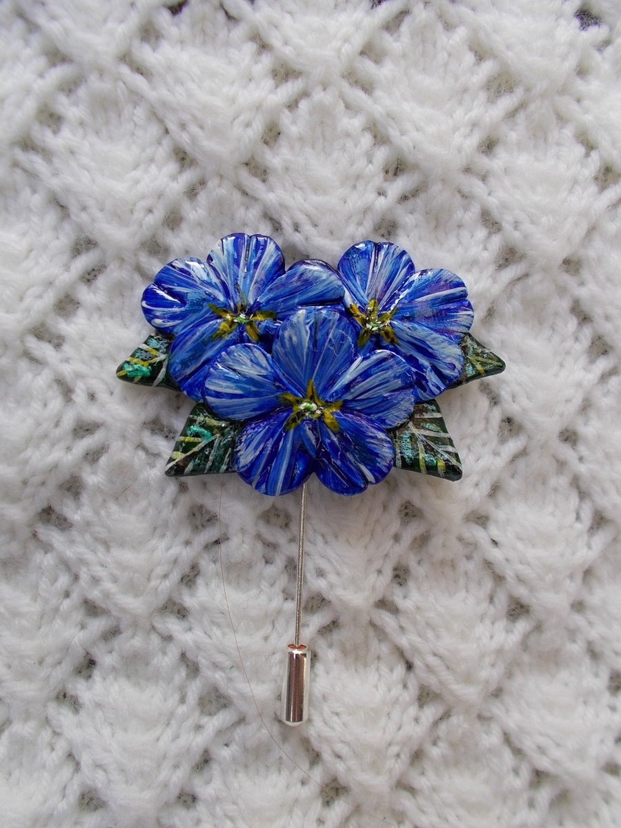 Handmade & Painted Alpine Blue Flower Stick Pin-Lapel Pin-Corsage-Kerry Williams