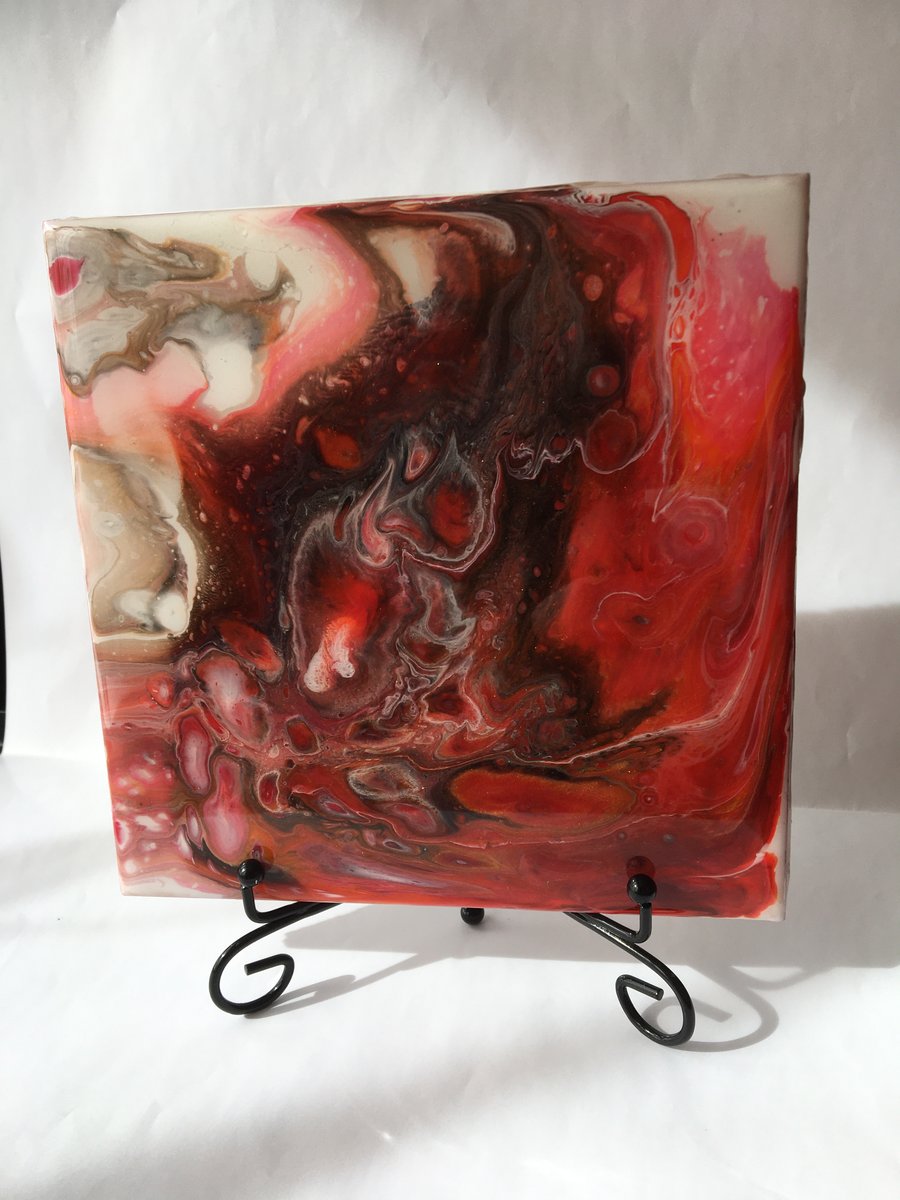 Fluid art, 6”x6” ceramic  tile, trivet, decoration, red abstract  painting  