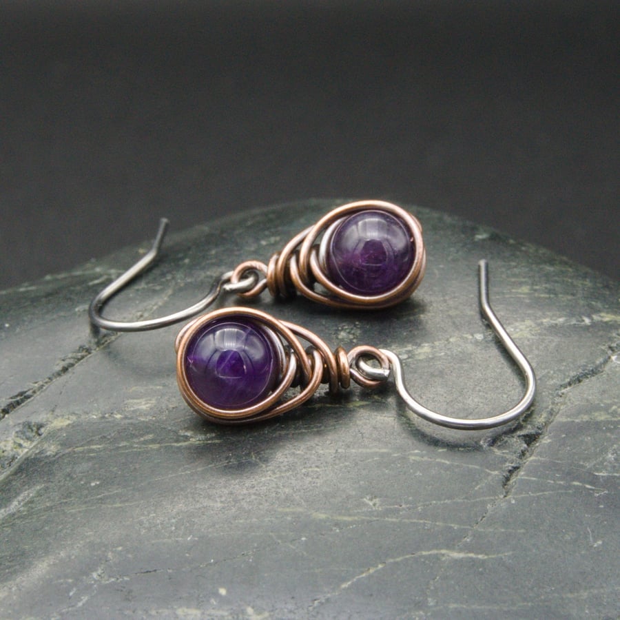 Copper Wire Wrapped Amethyst Earrings