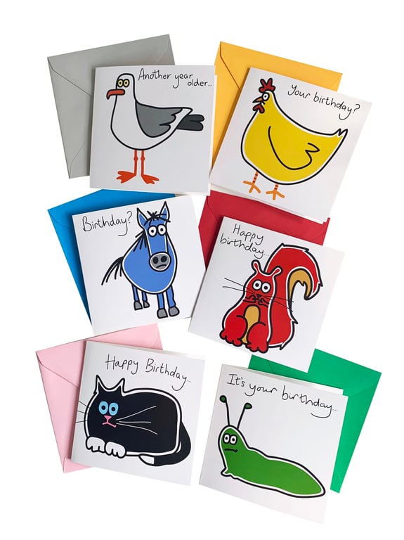 Digg Design 6pk of adorable animal design birthday cards. Coloured envelopes