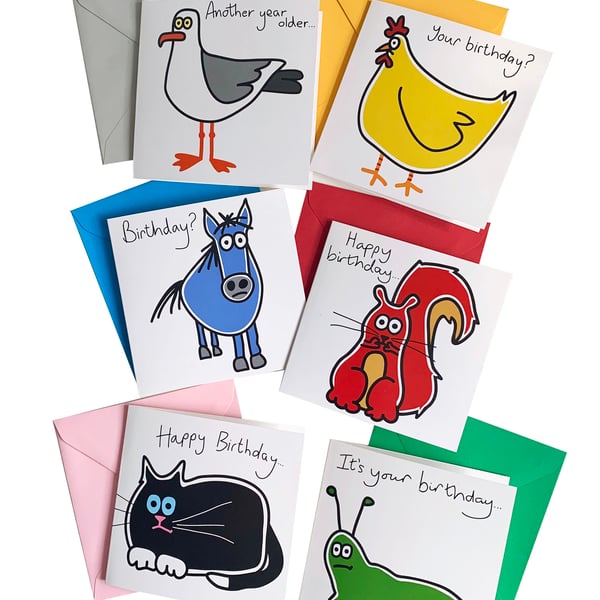 Digg Design 6pk of adorable animal design birthday cards. Coloured envelopes