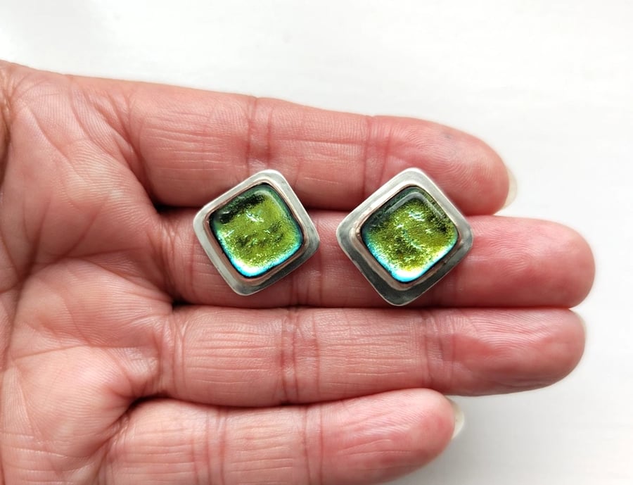 Dichroic Glass Stud Earrings Yellow Green Recycled Sterling Silver 925
