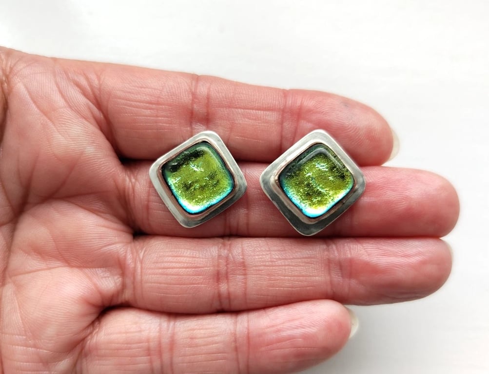 Dichroic Glass Stud Earrings Yellow Green Recycled Sterling Silver 925