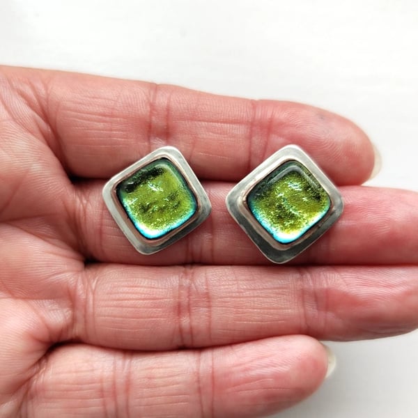Dichroic Glass Stud Earrings Yellow Green Recycled Sterling Silver 925