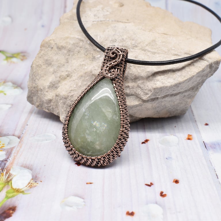 Aventurine and Copper Wire Woven One of a Kind Pendant