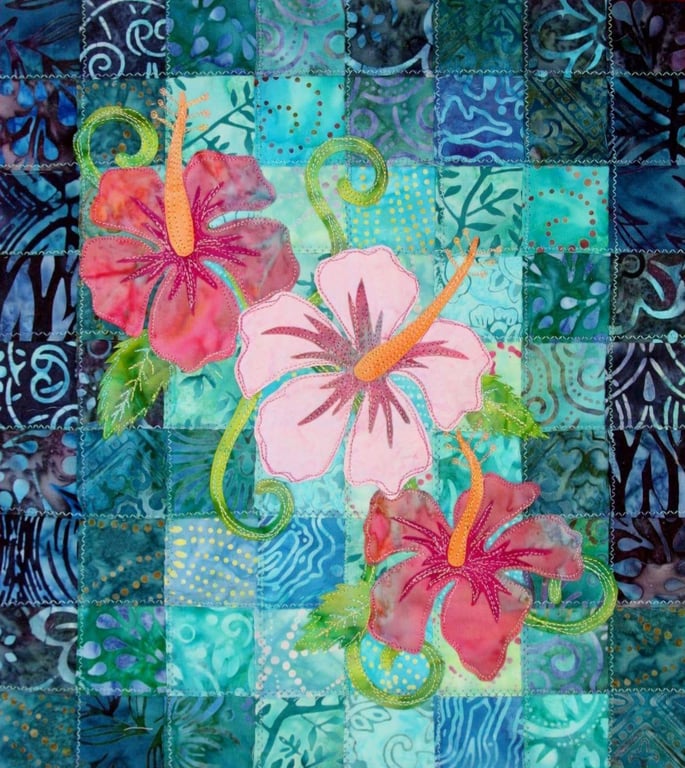Hibiscus Pattern Art Quilt Wall Hanging