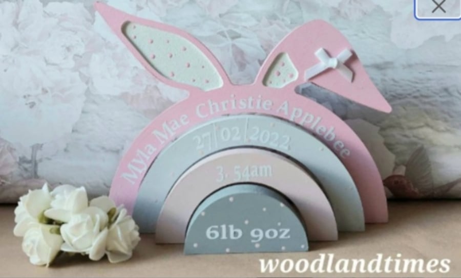 Rabbit personalised rainbow stacker, wooden freestanding bedroom decor, nursery 