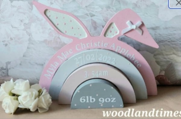 Rabbit personalised rainbow stacker, wooden freestanding bedroom decor, nursery 