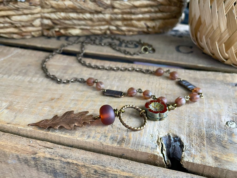 Rustic Copper Leaf Pendant. Autumn Inspired Lampwork & Czech Glass Necklace 