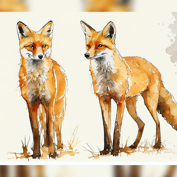 Pair of Foxes, Watercolor Painting Print, Nature-themed Art 5"x7"