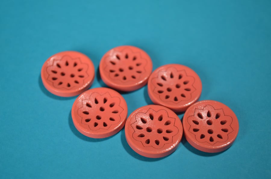 Wooden Pierced Flower Buttons Peach Orange Salmon 6pk Button 18mm (P9)