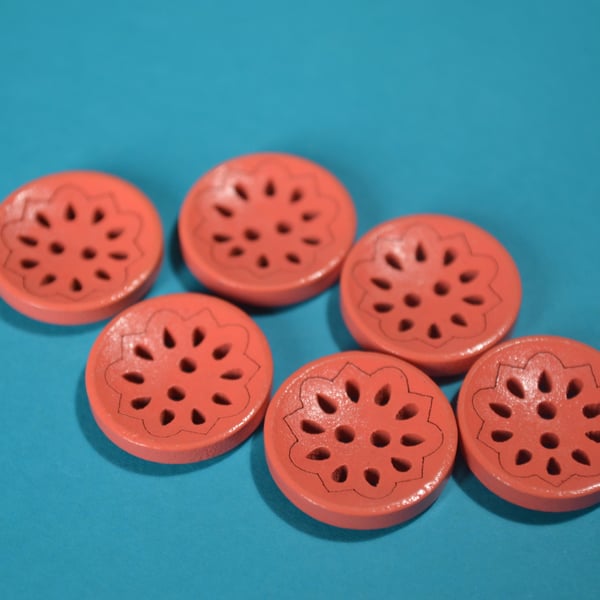 Wooden Pierced Flower Buttons Peach Orange Salmon 6pk Button 18mm (P9)