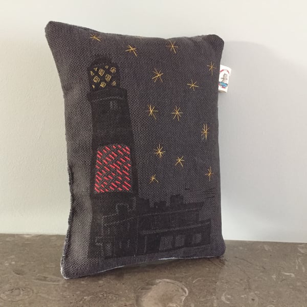 Dark Blue Lighthouse Dream Sleep Pillow with Gold & Red Embroidery